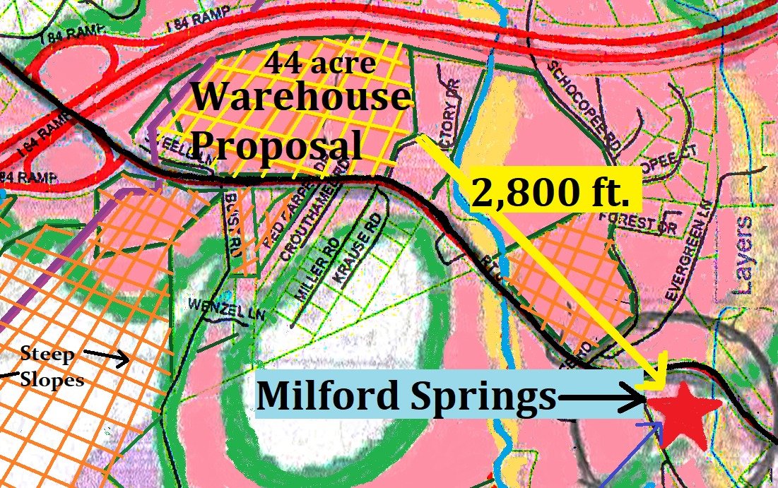 The map depicts the proposed warehouse in location to Milford Springs. The close proximity of the development is a main concern for those who are opposed to LVL's plan, as Milford Springs is a primary source of water for both Milford and Dingmans.